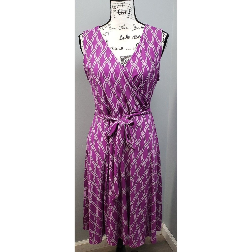 41 Hawthorn Surplice Dress Womens Large Purple Gray Patterend Lined Belted Waist